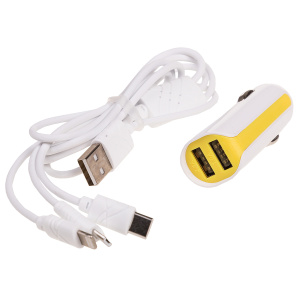 Зарядное устройство телефона 12V USBх2 (1.0А+2.1А) microUSB/Type-C/Lightning 100см SW Белый/желтый/ВЫВЕДЕН